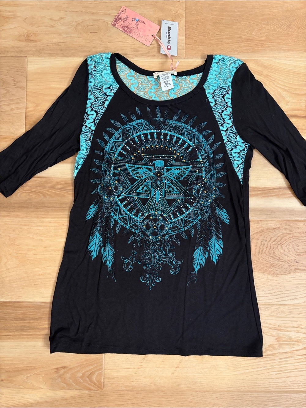 Angels & Diamonds Black and Turquoise Dreamcatcher Lace-Accent 3/4 Sleeve Tee